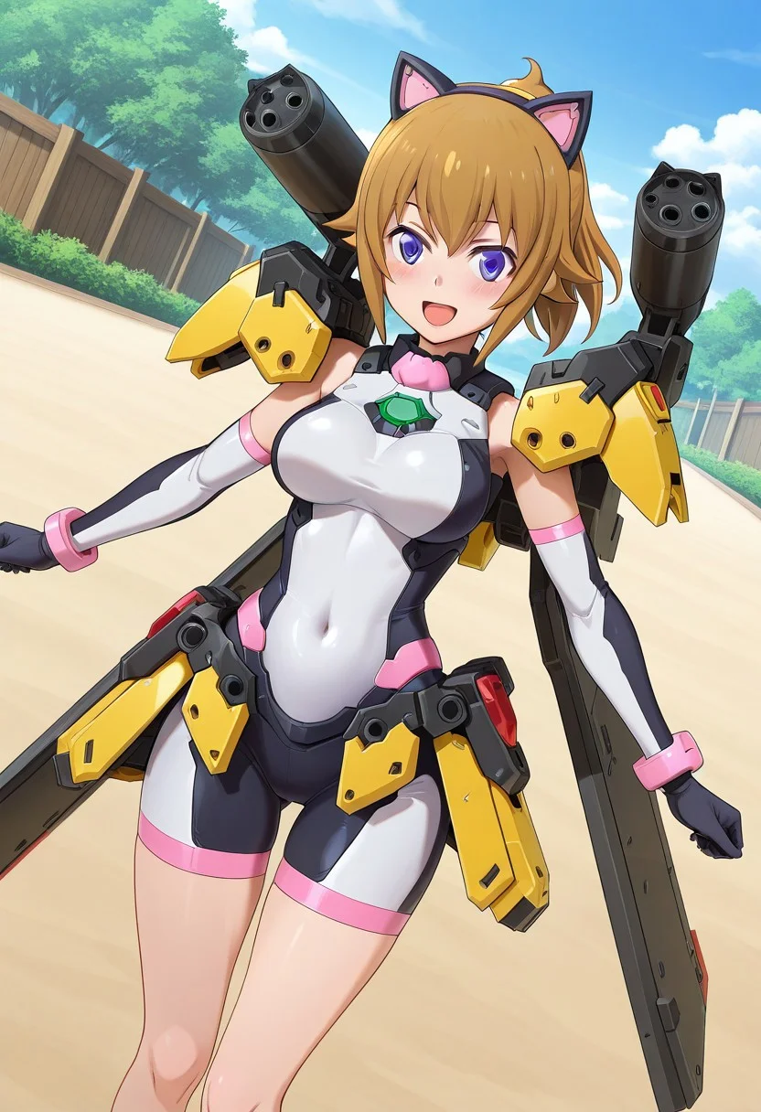 masterpiece,anime_coloring,anime_clothing,best_quality,avatar_fumina,solo, blue eyes, brown hair, short hair, hoshino fumina, medium breasts , cat ears, elbow gloves, bodysuit, covered navel, armor, bike shorts, skin tight,yellow shoulder armor, yellow waist armor, weapon,shoulder cannon,thruster,energy gun,blush face,smile,open mouth,outdoor,dynamic angle,