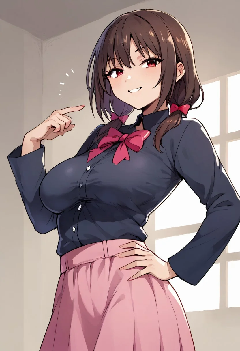 score_9, score_8, score_7, solo, 1girl, brown hair, yunyun \(konosuba\), short hair, low twintails, large breasts, pink skirt,
flirty smile, one hand on hip,