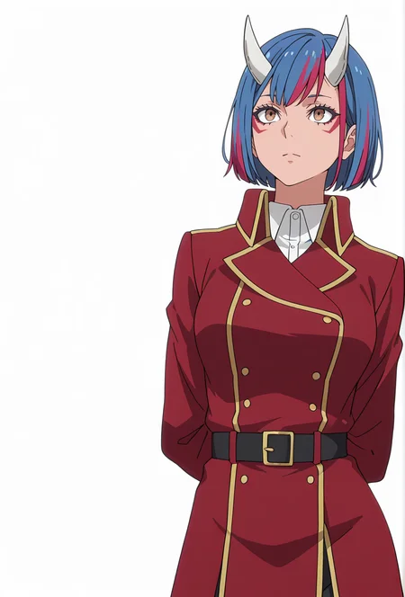 Smooth Quality,masterpiece,very intricate, high quality details, ultra realistic, high detailed skin,detailed enviorement,absurdres,
simple background, white background, 
,expressionless,standing, arms behind back, looking up, calm expression, relaxed posture,  ,
 <lora:Gobwa_cnn:0.8>gobwacnn,1girl, short hair, multicolored hair, facial mark, streaked hair,white horns, brown eyes,
shirt,red jacket, red coat, black belt, double-breasted, boots,