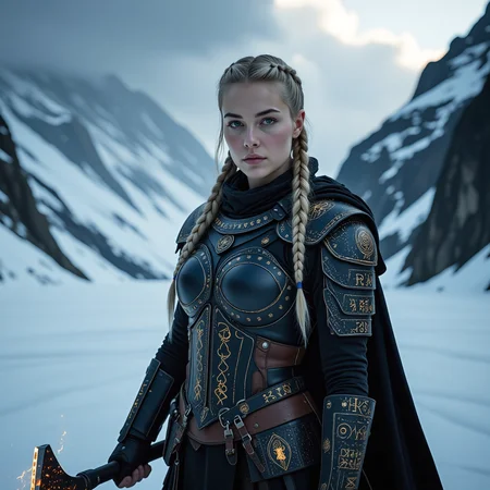 A captivating image emerges, focusing on a vikingpunk warrior-princess with her presence commanding attention in the icy wasteland. Her futuristic viking armor based on traditional viking armor, a seamless fusion of technology and her athletic form, slim-athletic form highlights her strength and agility. The warrior's twin braids with shaved sides, frames her determined expression, while her piercing eyes bore into the viewer. Ancient runes are etched into her battleaxe and armor, crackling with mystical glowing energy. The frozen landscape, a testament to her people's resilience, stretches into the distance, where dark, ominous clouds partially veil the rugged mountainous pass, filling the air with crispness and the promise of lightning. This artwork, with its Nordic and Viking-inspired elements, captures the essence of a powerful futuristic figure, seamlessly blending ancient traditions with futuristic innovations. Beauty, chiaroscuro, play of shadow and light, realistic, <lora:flux_trainer/moxiePunk_v3>, <lora:flux/Realism 2.safetensors:1.0>,
