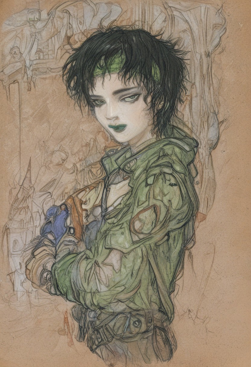 score_9,  score_8_up, score_7_up, score_6_up, 1girl, solo, in a castle, sensual pose, petite, over the shoulder look, seductive look, upper body, very up close, portrait, shoulders up, jadexl, jade, short black hair, green eyes, green lips, headband, crop top, cropped jacket, - single glove, or single right fingerless glove, - pants, belt, brown shoes,
<lora:YOSHITAKA_AMANO_style-000009:1>,