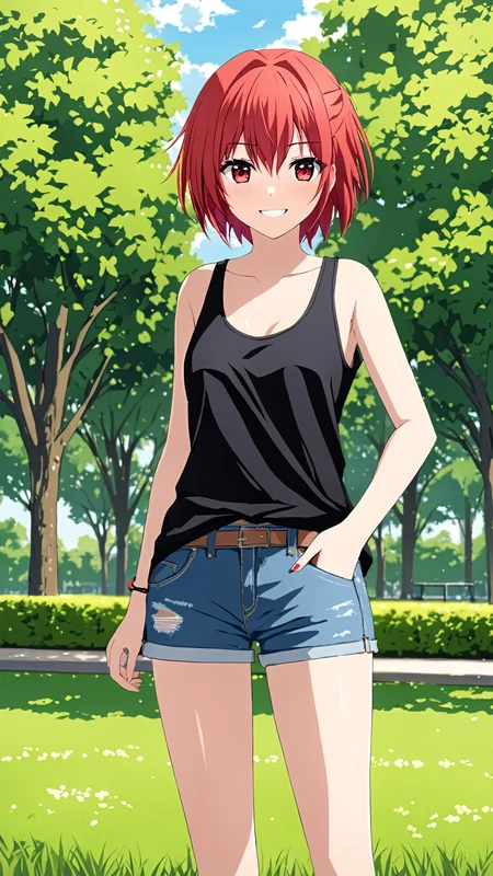 masterpiece, best quality,
<lora:heroneverseenagain.sdxl.v2:0.95> heroneverseenagain
1girl,
red hair, short hair, messy hair, tomboy,
smile,
tank top,
jeans, shorts,
outdoor, park,grass, tree,