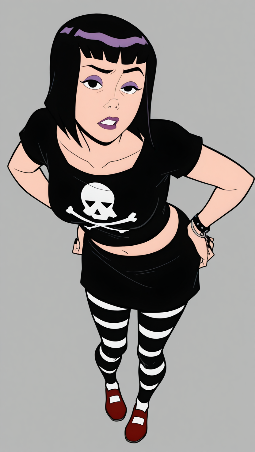  absurdres, masterpiece, best quality, 8k,full body, standing, looking at viewer,  grey background, triana, 1girl, solo, black hair, short hair, bob cut, black eyes, normal outfit, skull, black shirt, midriff, black skirt, striped leggings, red shoes, bracelet, black painted nails, purple eyeshadow, from above, dynamic angle, (leaning forward,hand on own hips), frowning,parted lips, raised eyebrow,foreshortening, depth of field, facing viewer, fit to frame,