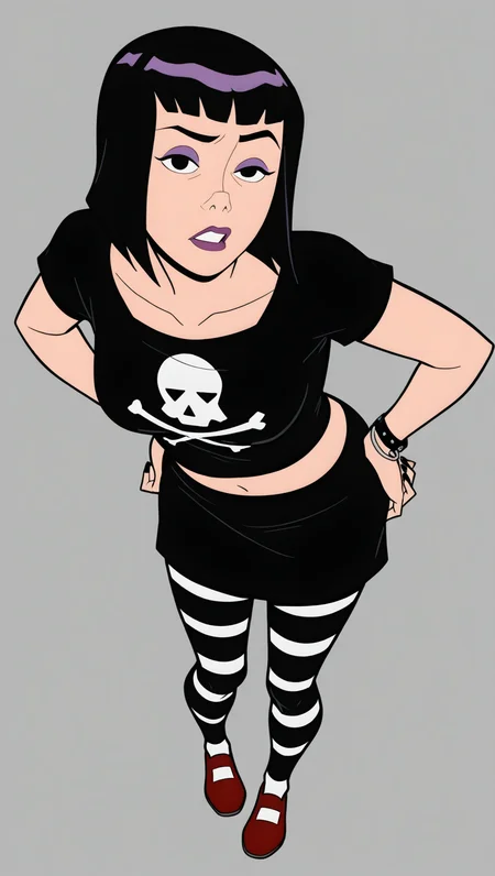  absurdres, masterpiece, best quality, 8k,full body, standing, looking at viewer,  grey background, triana, 1girl, solo, black hair, short hair, bob cut, black eyes, normal outfit, skull, black shirt, midriff, black skirt, striped leggings, red shoes, bracelet, black painted nails, purple eyeshadow, from above, dynamic angle, (leaning forward,hand on own hips), frowning,parted lips, raised eyebrow,foreshortening, depth of field, facing viewer, fit to frame,