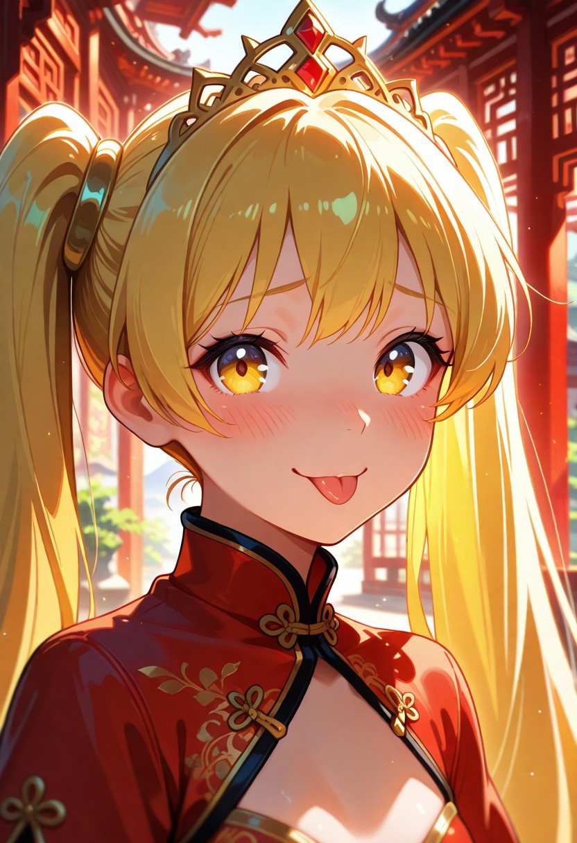 masterpiece, best quality, amazing quality, BREAK, 1girl, 25 years old, 
detailed face, portrait, face focus, depth of field, looking at viewer, blush, shy smile, :P, 
yellow eyes, 
blonde hair, very long hair, twintails, tiara, 
jewelry, 
red chinese clothes, revealing clothes, 
outdoors,