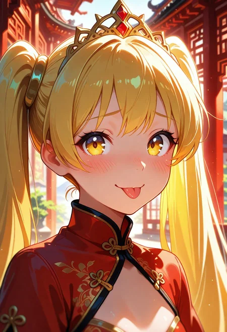 masterpiece, best quality, amazing quality, BREAK, 1girl, 25 years old, 
detailed face, portrait, face focus, depth of field, looking at viewer, blush, shy smile, :P, 
yellow eyes, 
blonde hair, very long hair, twintails, tiara, 
jewelry, 
red chinese clothes, revealing clothes, 
outdoors,
