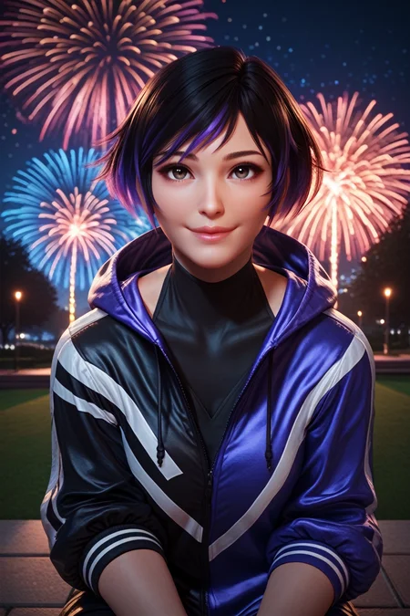 score_9, score_8_up, score_7_up,
<lora:TKReina:0.8>
TKReina, 1girl, black hair, purple hair, multicolored hair, short hair, looking at viewer, sitting, at night, fireworks, park, looking up, smile