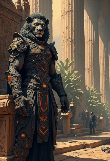 The lion king stands next to his intricately carved throne in the massive throne room he wears ornate, black armour with intricate tribal patterns, with hints of crimson and amber, the throne room has vast carved pillars, lamps, plants in the distance, reminiscent of the styles of Simon Stalenhag, Loish, and Ash Thorp, blending traditional African aesthetics with futuristic, sci-fi elements, featuring carved, worn furniture and abandoned relics, with a sense of post-apocalyptic grandeur, cyberpunk, insane detail