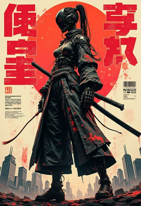 Japanese Manga style Poster with bold large fonts and graphics, Cyberpunk, anime, Cyber Punk cyborg Samurai woman standing wide stride with a red sun and city behind, highly detailed Mayhem style splattered Silhouette, background bizarre techno ghetto transmission, style minimalist, conceptual art posing Japanese, conceptual, 3d render, illustration, cinematic, photo epic action, cinematic, award winning artwork, many details, patterned illumination, bad VHS tape image artifacts.