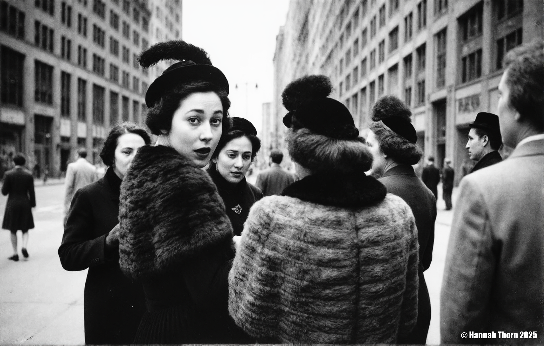 A black and white photograph from the side, featuring a woman in a fur coat and hat standing in the middle of a busy city street. the woman, who appears to be in her mid-twenties, is facing the viewer with a surprised expression, her mouth slightly open. she is wearing a black dress and a fur stole, and her hair is styled in an elegant manner. to her right, a woman with a fur collar and a large hat with a feather is standing, looking at the woman in the fur coat, who is also wearing a fur-trimmed hat and fur trim. in the background, there are several other women in fur coats and hats, all engaged in conversation. the street is lined with tall buildings, and the sky is visible above them. the overall mood of the image is one of excitement and anticipation, as if the woman is about to embark on an adventure.<lora:_Flux\Saul_Leiter_BW.safetensors:1.0:1.0>