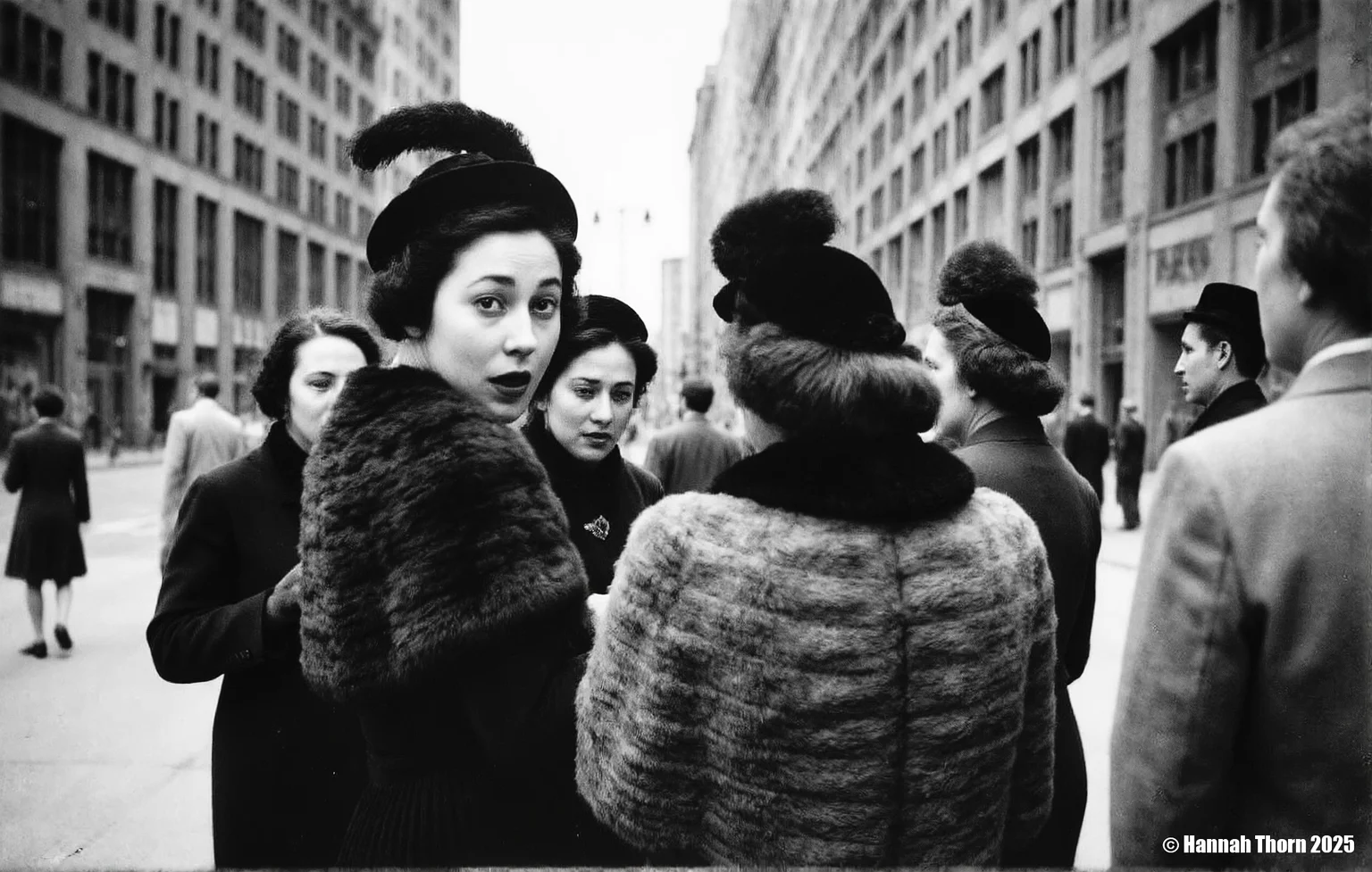 A black and white photograph from the side, featuring a woman in a fur coat and hat standing in the middle of a busy city street. the woman, who appears to be in her mid-twenties, is facing the viewer with a surprised expression, her mouth slightly open. she is wearing a black dress and a fur stole, and her hair is styled in an elegant manner. to her right, a woman with a fur collar and a large hat with a feather is standing, looking at the woman in the fur coat, who is also wearing a fur-trimmed hat and fur trim. in the background, there are several other women in fur coats and hats, all engaged in conversation. the street is lined with tall buildings, and the sky is visible above them. the overall mood of the image is one of excitement and anticipation, as if the woman is about to embark on an adventure.<lora:_Flux\Saul_Leiter_BW.safetensors:1.0:1.0>