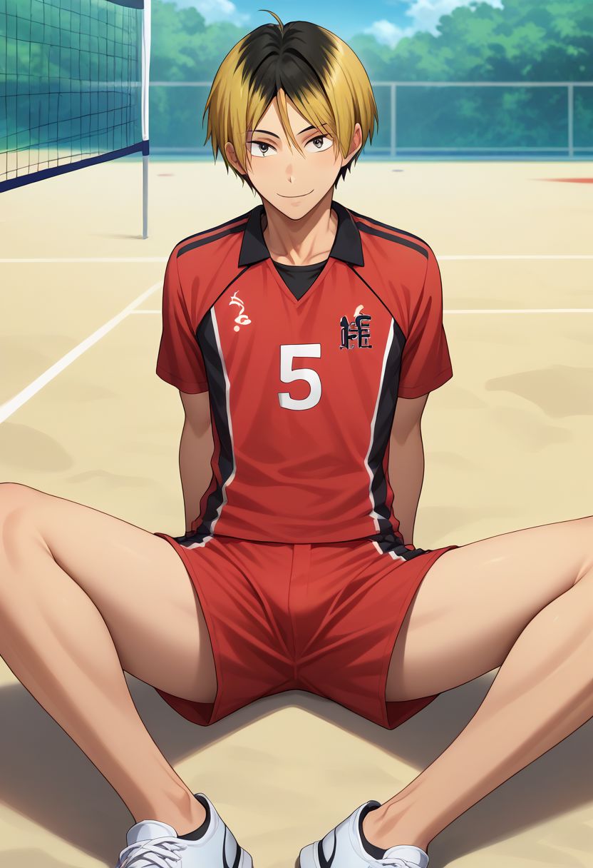 score_9, score_8_up, score_7_up, source_anime, highly detailed, kenma, 1boy, male focus, solo, blonde hair, sportswear, volleyball uniform, multicolored hair, shorts, two-tone hair, black hair, red shorts, slim, lying, sit, short height, smile, looking at viewer, outdoors, bare legs, white sneakers, masterpiece, best quality, best aesthetic, presenting, sexually suggestive, rating_explicit, yaoi, source anime,