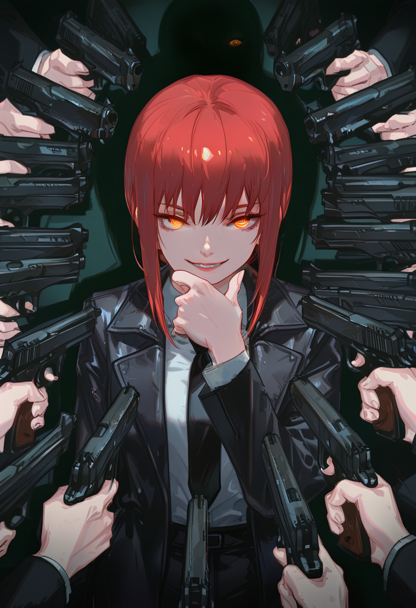 (masterpiece, high quality, amazing detail), artist:miv4t, takepon1123, (artist:skyrick9413:0.78), (ask \(askzy\):0.90), surrounded_by_guns, gun, weapon, 1girl, makima \(chainsaw man\), evil smile, teeth, spiral eyes, glowing eyes, looking at viewer, hand on own chin, shadow, <lora:Gun_surround:1>, <lora:USNR STYLE_XL_lokr:0.8>, <lora:spo_sdxl_10ep_4k-data_lora_webui:0.8>