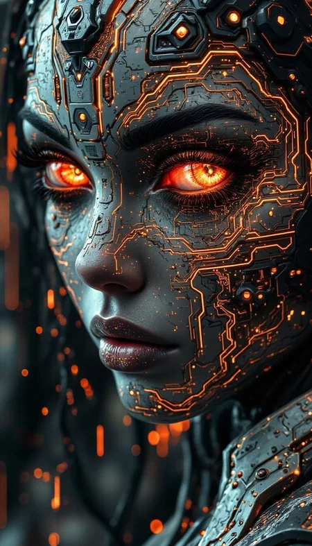 A close-up portrait of a futuristic cyberpunk robot woman, her skin shimmering with intricate, glowing circuitry that pulses with a warm, internal light.  Intense, warm-hued eyes, reflecting the inner light, are framed by sleek, metallic, faceplate designs etched with detailed, almost hieroglyphic patterns.  Her skin, a polished steel-grey tone, feels cool and smooth to the touch, contrasted with the hot, incandescent glow of the circuitry.  The background is pitch black, absorbing everything but the intense light emanating from the womanâs face and circuits. Cinematic lighting, focused and dramatic, highlights the intricate details of her etched faceplate and the pulsating circuits, revealing a depth of detail that is almost hyperreal. From a side-angle, the view emphasizes the advanced, almost organic, beauty of the machine, a captivating contrast between metallic cold and interior, warm illumination.  Digital art style, hyper-detailed and meticulously rendered. The overall effect is both powerful and aesthetically mesmerizing, imbued with a sense of quiet, powerful intensity. aidmafluxpro1.1 ; bo-abyss <lora:aidmaFLUXPro1.1-FLUX-v0.3:0.6> <lora:boFLUX_digital-abyss:1>