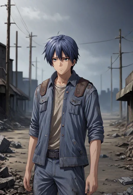 high resolution, solo, best quality, 1Boy, Tomoya Okazaki, Grey Blue Hair, shallow depth of field, Post-Apocalyptic, survival, OverallDetail