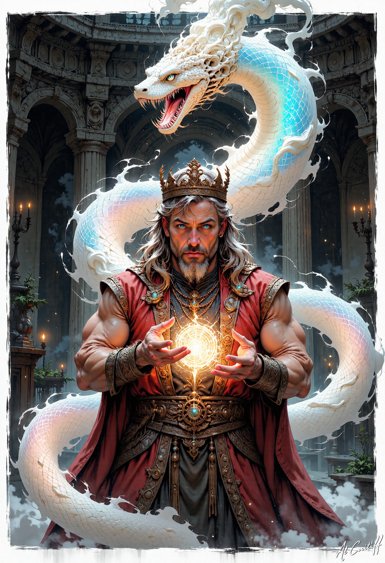 rough sketch in a white paper picture of a digital illustration depicting a mystical scene set in a dark, castle environment, the central figure is a man with muscular physique and blond long hair, he has a full long blond beard and piercing blue eyes, giving him a mystical appearance, he is dressed in a red, ornate vest with intricate gold embroidery and wear a crown, suggesting a medieval king, the man is casting a cloud rainbow snake spell, the background is a throne room, creating a sense of depth and mystery. the illustration style is highly detailed and realistic, with a focus on texture and lighting to create a three-dimensional effect, ink and brushstroke dismrt style, Niji Stan Katayama Style<lora:CustomFlux/SnakeSpell.safetensors:1.0:1.0> <lora:Flux/sumi-art_v10_rank16_bf16-step01120.safetensors:0.5:0.5> <lora:Flux/Niji_B_anime.safetensors:0.5:0.5>