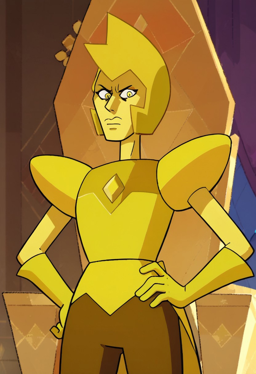 Score_9_up, score_8_up, score_7_up, BREAK 1girl, solo, ydsu, yellow hair, yellow skin, shoulder pads, yellow eyes, chest jewel, tail coat, cowboy shot, hand on hip, stern look, throne room