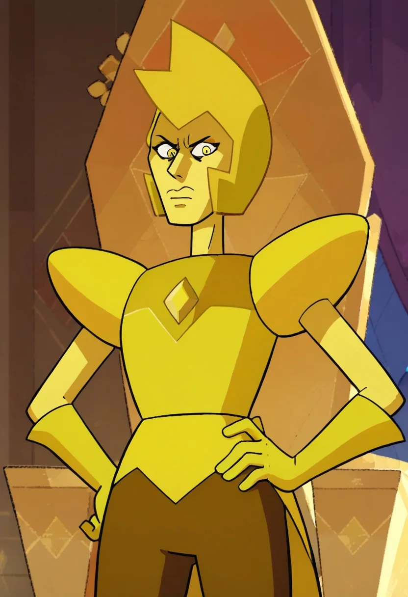 Score_9_up, score_8_up, score_7_up, BREAK 1girl, solo, ydsu, yellow hair, yellow skin, shoulder pads, yellow eyes, chest jewel, tail coat, cowboy shot, hand on hip, stern look, throne room