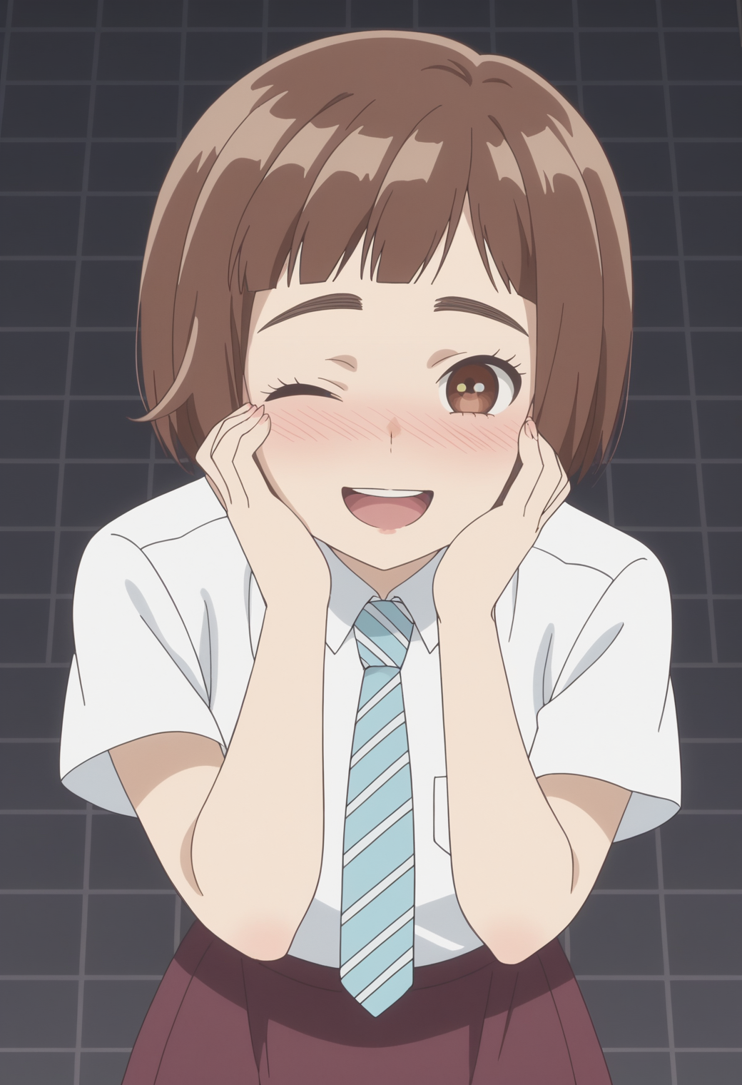 score_9, score_8_up, score_7_up, anime screencap, BREAK, 1girl, solo <lora:DX888Kazusa:1> onodera kazusa, brown eyes, brown hair, thick eyebrows, bob cut, micro bangs, school uniform, long skirt,  necktie, BREAK
 heart-shaped pupils, open mouth, open mouth, happy , smile, moaning, one eye closed, full-face blush,, dark gray background, simple background, grid background,,  Gasping, hands on throat