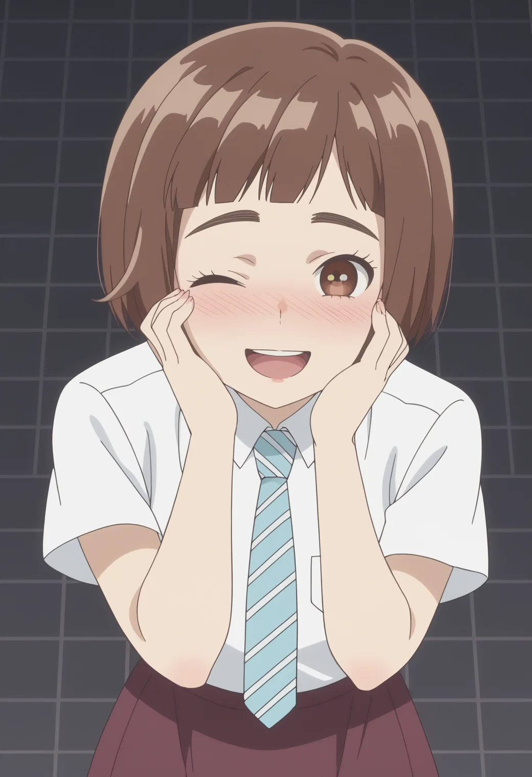 score_9, score_8_up, score_7_up, anime screencap, BREAK, 1girl, solo <lora:DX888Kazusa:1> onodera kazusa, brown eyes, brown hair, thick eyebrows, bob cut, micro bangs, school uniform, long skirt,  necktie, BREAK
 heart-shaped pupils, open mouth, open mouth, happy , smile, moaning, one eye closed, full-face blush,, dark gray background, simple background, grid background,,  Gasping, hands on throat