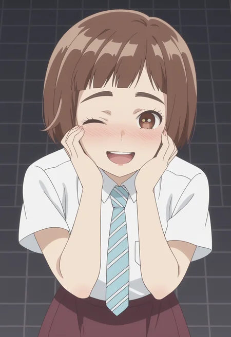score_9, score_8_up, score_7_up, anime screencap, BREAK, 1girl, solo <lora:DX888Kazusa:1> onodera kazusa, brown eyes, brown hair, thick eyebrows, bob cut, micro bangs, school uniform, long skirt,  necktie, BREAK
 heart-shaped pupils, open mouth, open mouth, happy , smile, moaning, one eye closed, full-face blush,, dark gray background, simple background, grid background,,  Gasping, hands on throat