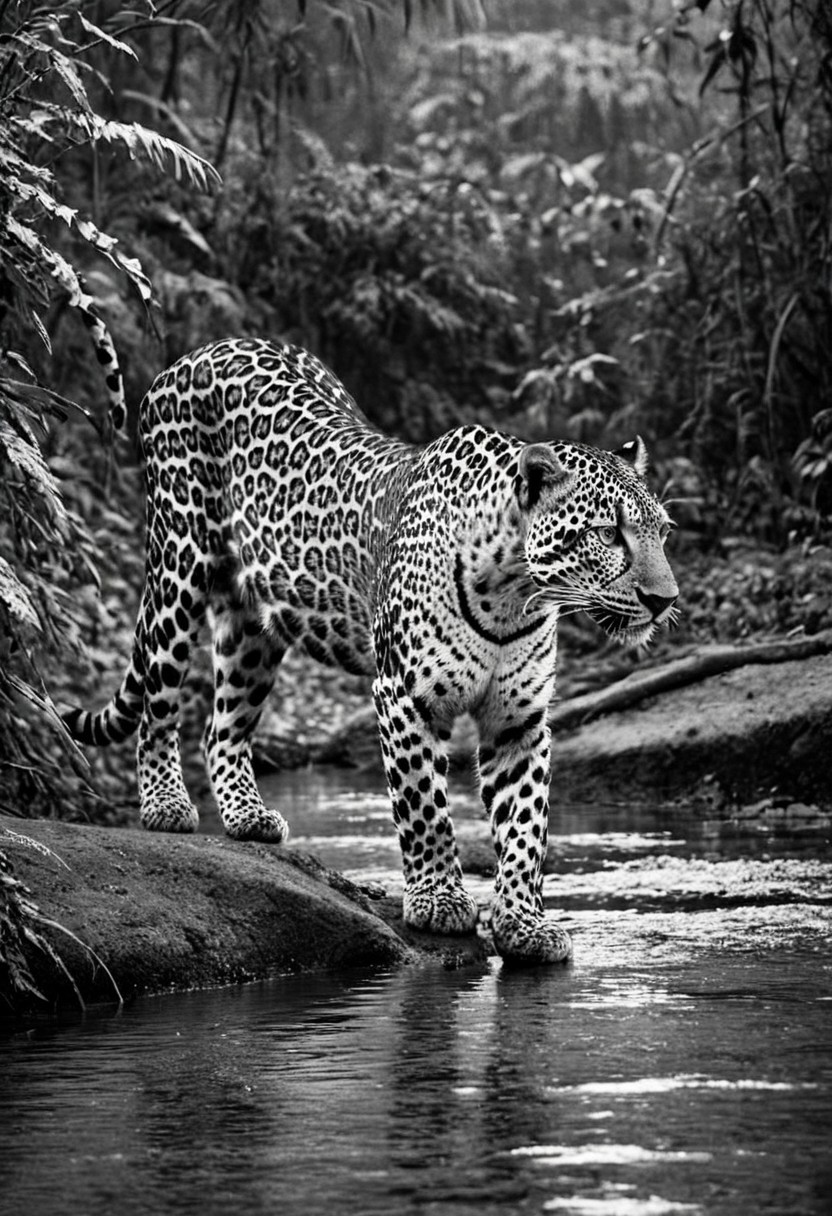 a (black and white:1.5) photo of a leopard, in the jungle, drinking at the at the edge of a river, at dusk, dense jungle forest, dramatic lights, shallow depth of field, blurred background, extreme details, intricate details, 8k, 35mm photo, photorealism, realistic photo, national geographic style, masterpiece, film photography style