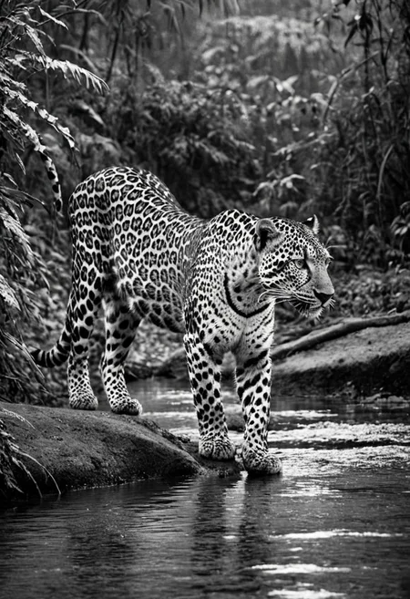 a (black and white:1.5) photo of a leopard, in the jungle, drinking at the at the edge of a river, at dusk, dense jungle forest, dramatic lights, shallow depth of field, blurred background, extreme details, intricate details, 8k, 35mm photo, photorealism, realistic photo, national geographic style, masterpiece, film photography style