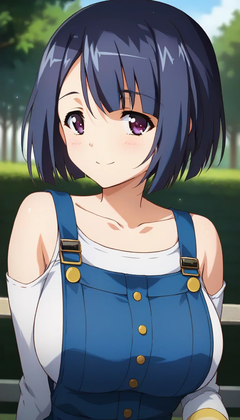score_9,score_8_up,score_7_up,score_6_up BREAK official art,solo,outdoors,upper body,(portrait:1.5),looking at viewer,facing viewer,smile,blush,Akira Makino,blue hair,short hair,bob cut,bangs,purple eyes,collarbone,bare shoulders,pinafore dress,blue dress,white shirt,long sleeves,large breasts,white thighhighs,striped thighhighs,yellow thighhighs,zettai ryouiki,loafers,<lora:Akira Makino(oc2)-Pony:1.4>,