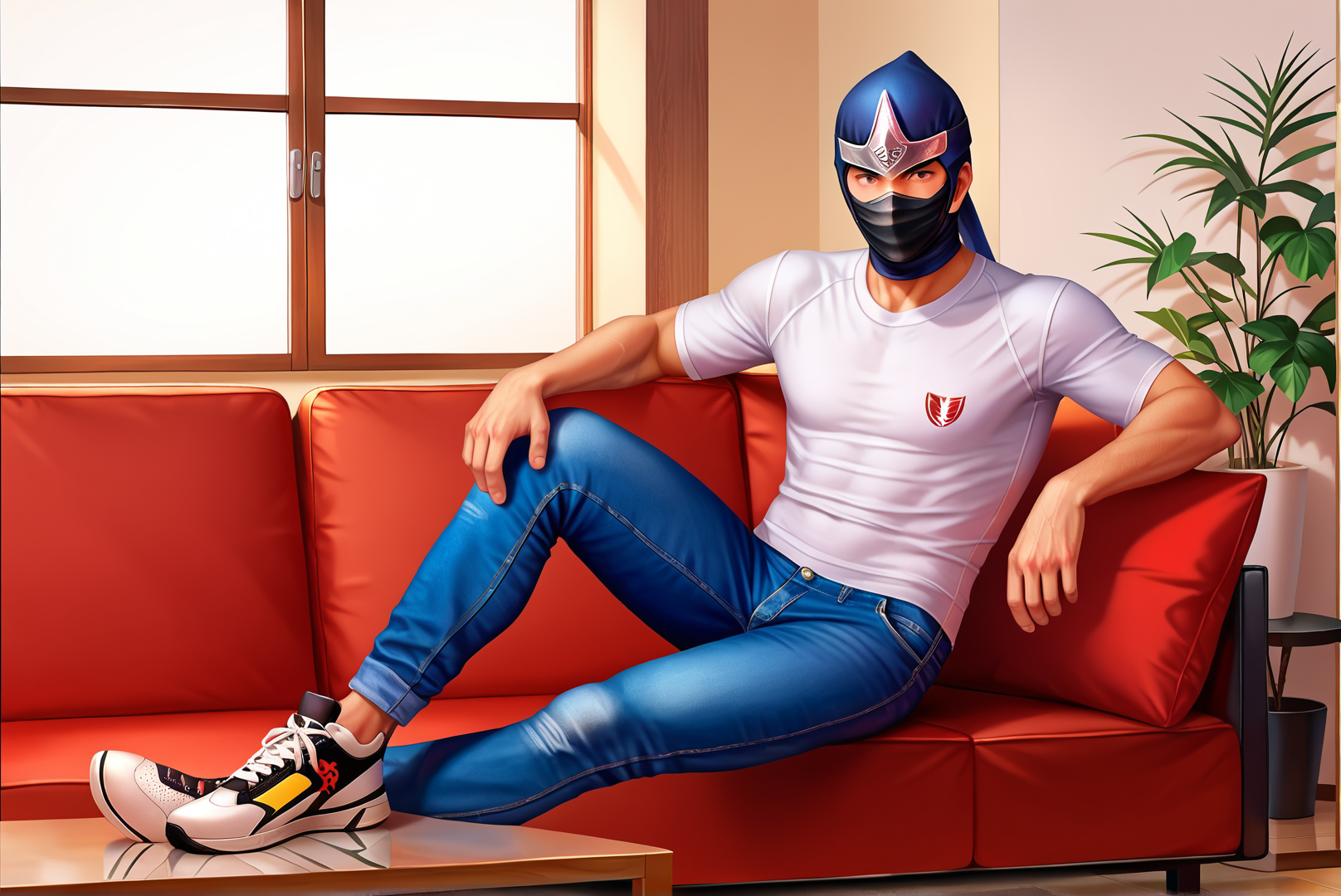 score_9, score_8_up, score_7_up, score_6_up, Detailed Background, BREAK
 <lora:Hanzo_Hattori_Samurai_Warriors:0.5>, hanz0, 1boy, mask, helmet, male focus, ninja, BREAK
white tee shirt, blue jeans, sneakers, sitting on couch, living room, window,