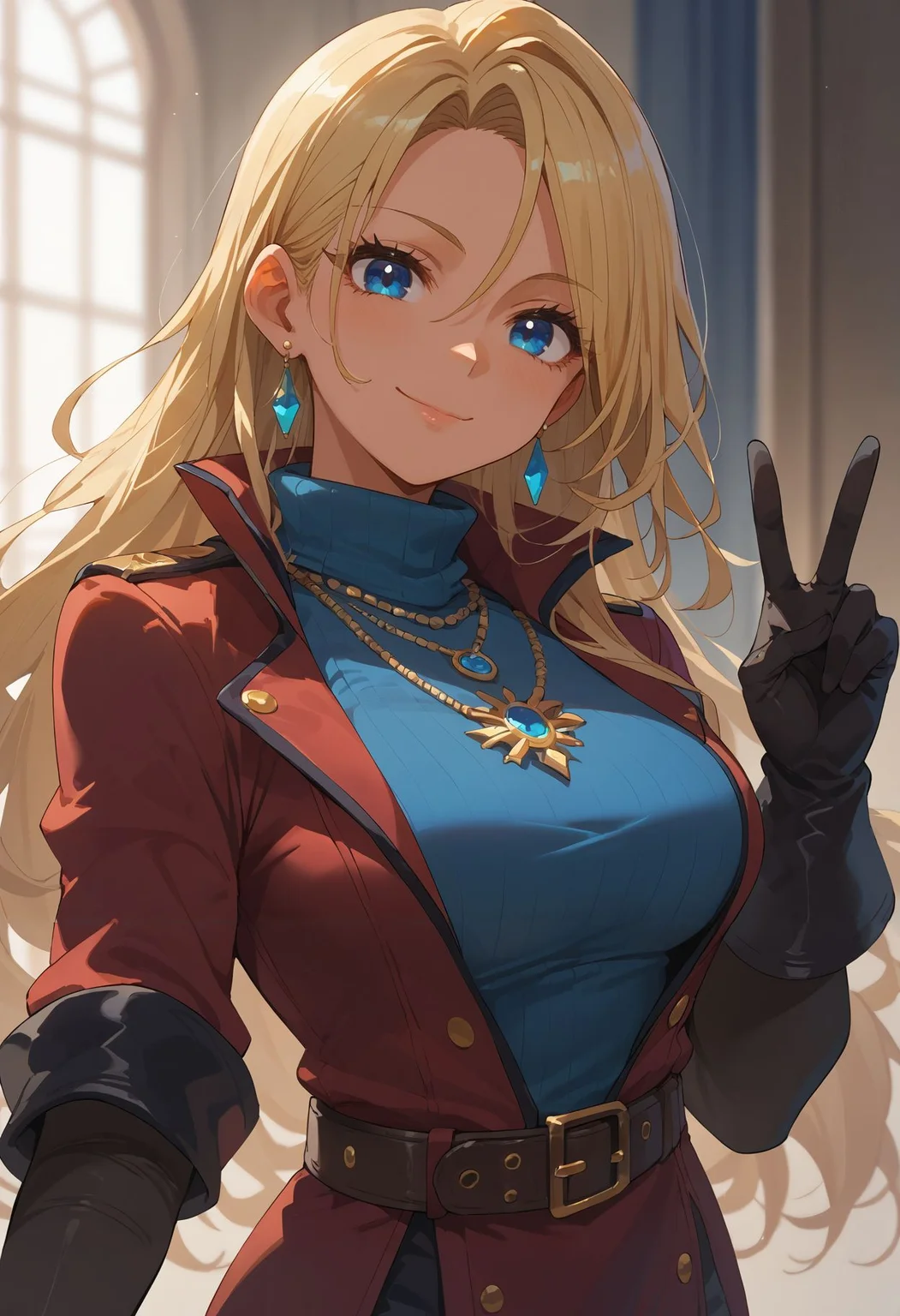 score_9,score_8_up,score_7_up, <lora:skin_color_slider_pdxl_goofy:-6>1girl, belt, black gloves, blonde hair, blue eyes, breasts, closed mouth, earrings, eyelashes, gloves, high collar, jewelry, light blush, long hair, looking at viewer, necklace, smile, solo, v