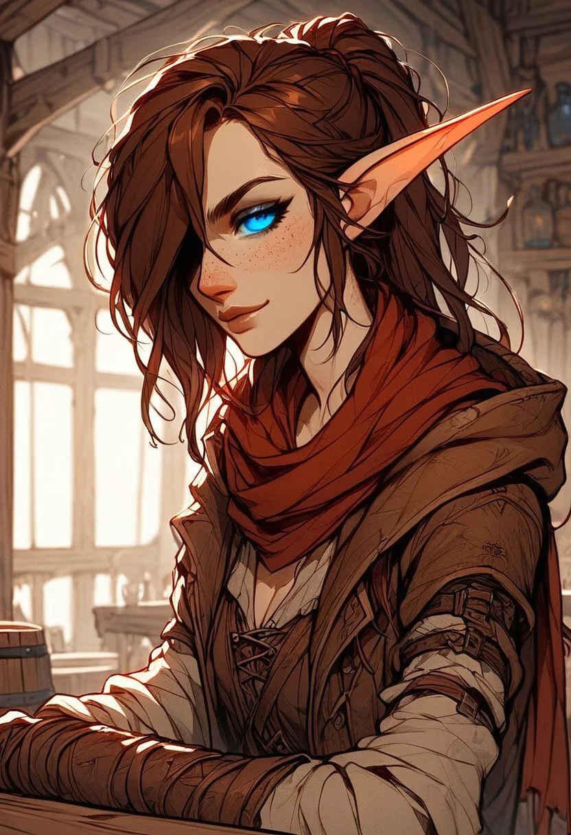 score_9, score_8_up, score_7_up, score_6_up, Expressiveh, masterpiece, (((High Resolution, Best Quality))), highly detailed,
1femboy, half elf, pointy ears, freckles, light tan skin, (brown hair, ponytail, one eye covered), athletic, slender, petit, flat chest, (blue eyes, glowing eyes, blue sclera), adventurer, brown clothes, brown leathercoat, furr trim on clothes, hood, red scarf, bagpack, indoors, tavern, solo, dynamic angle, smug,