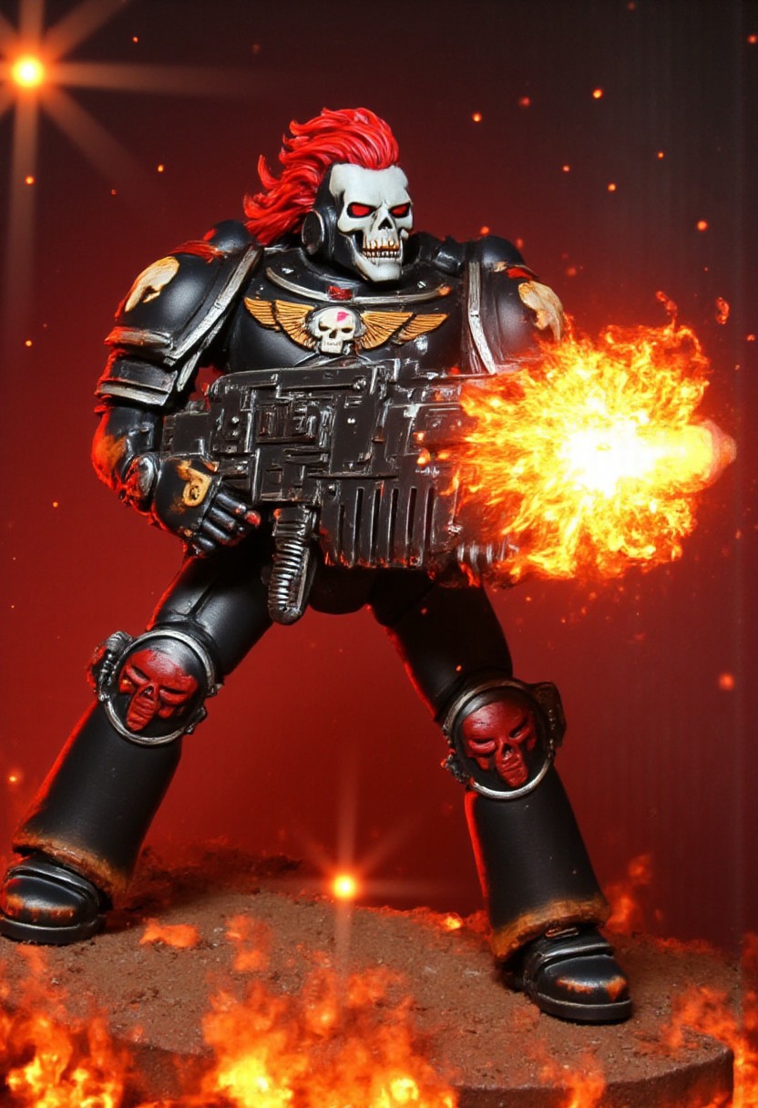 Absurdres, score_9_up, source: Games Workshop, Warhammer 40K, male Legion of the Damned phantom space marine firing a melta, black armor, burned, volumetric lighting, project unreal engine, bokeh,