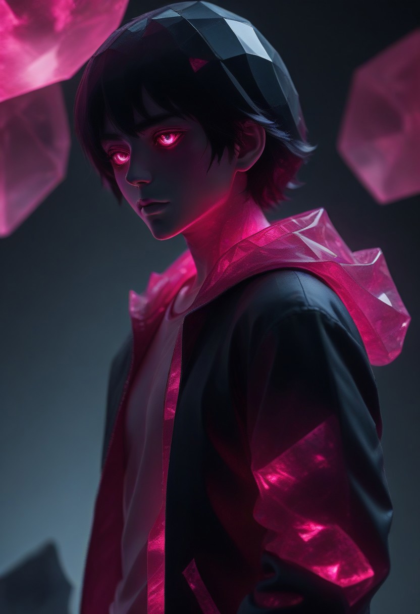 rp_slgd, black-haired anime boy wearing a magenta hooded jacket, revealing only the right side of his face while the left side of his body is covered by a shadow