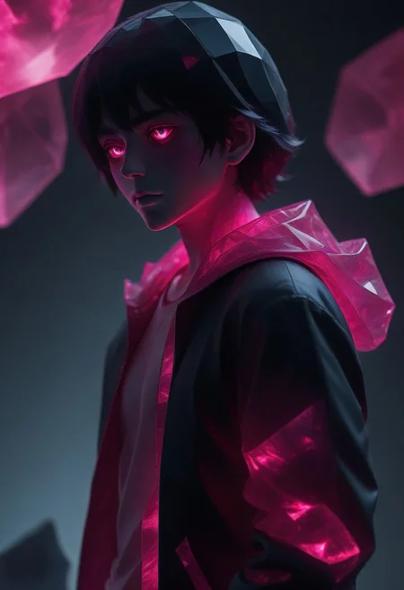 rp_slgd, black-haired anime boy wearing a magenta hooded jacket, revealing only the right side of his face while the left side of his body is covered by a shadow