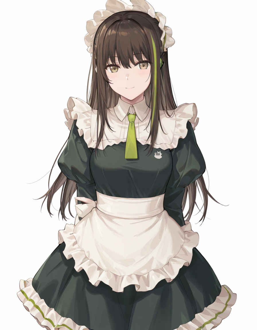Volumetric Lighting, (masterpiece), (best quality), (ultra-detailed), masterpiece, source_anime, score_9, score_8_up, score_7_up BREAK, illustration, disheveled hair, detailed eyes, perfect composition, moist skin, intricate details BREAK, M4A1, long hair, black hair, streaked hair, green hair, golden eyes BREAK, M4cafe, cfe_pantyhose, cfe_necktie, cfe_headdress, cfe_apron, cfe_maid_dress,frilled dress, white gloves,BREAK, ((white background)), smile,upper body, face focused