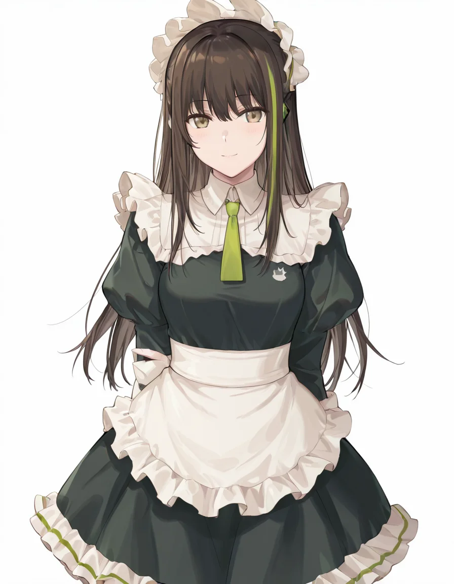 Volumetric Lighting, (masterpiece), (best quality), (ultra-detailed), masterpiece, source_anime, score_9, score_8_up, score_7_up BREAK, illustration, disheveled hair, detailed eyes, perfect composition, moist skin, intricate details BREAK, M4A1, long hair, black hair, streaked hair, green hair, golden eyes BREAK, M4cafe, cfe_pantyhose, cfe_necktie, cfe_headdress, cfe_apron, cfe_maid_dress,frilled dress, white gloves,BREAK, ((white background)), smile,upper body, face focused