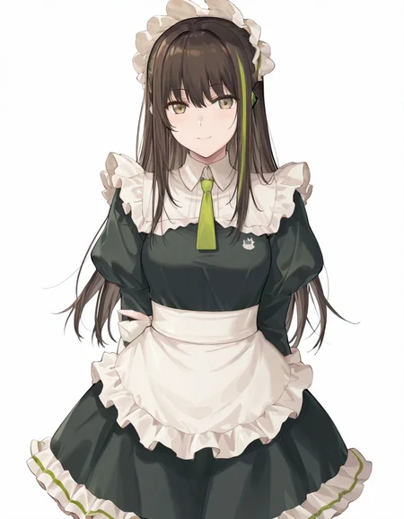 Volumetric Lighting, (masterpiece), (best quality), (ultra-detailed), masterpiece, source_anime, score_9, score_8_up, score_7_up BREAK, illustration, disheveled hair, detailed eyes, perfect composition, moist skin, intricate details BREAK, M4A1, long hair, black hair, streaked hair, green hair, golden eyes BREAK, M4cafe, cfe_pantyhose, cfe_necktie, cfe_headdress, cfe_apron, cfe_maid_dress,frilled dress, white gloves,BREAK, ((white background)), smile,upper body, face focused