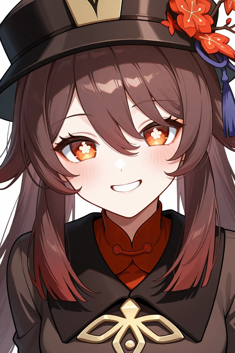 <lora:(wiehhg_cos)hutao_v1.0_illustrious-000060:1>,solo,red eyes,hat,smile,flower-shaped pupils,brown hair,looking at viewer,flower,long hair,white background,hat flower,simple background,grin,blush,black headwear,brown coat,chinese clothes,twintails,tassel,upper body