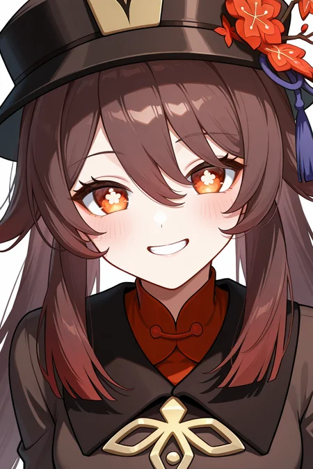 <lora:(wiehhg_cos)hutao_v1.0_illustrious-000060:1>,solo,red eyes,hat,smile,flower-shaped pupils,brown hair,looking at viewer,flower,long hair,white background,hat flower,simple background,grin,blush,black headwear,brown coat,chinese clothes,twintails,tassel,upper body
