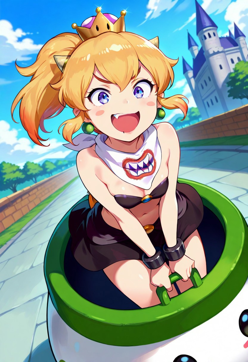 solo, 1girl, bowsettejr, small breasts, black skirt, miniskirt, strapless, scarf, koopa clown car, (inside koopa clown car), blush stickers, laughing, open mouth, teeth, fang, wide open eyes, BREAK outdoors, flying vehicle, grey castle, colorful, angle view, artistic shot, BREAK ((ultra-detailed)), ((best quality)), ((beautiful eyes)), ((extremely detailed)), 4K, (8K), best quality, (beautiful), Master piece, highres, best quality, official art, highres, masterpiece, detailed background, high quality background,