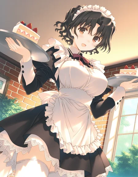 general,highres, ultra-detailed,very aesthetic,best quality ,best hands, BREAK <lora:Yuzuhara_Haruka_IS:1>Yuzuhara_Haruka, 1girl,solo, short hair, black hair, brown eyes, wavy hair, large breasts, mitsumi misato style,
apron, cake, food, tray, open mouth, smile, holding, maid headdress, dutch angle, maid, bangs, blush, brick wall, waitress, :d, looking at viewer, frills, fruit, ribbon, strawberry, sleeves rolled up, parted bangs, cake slice, bow, happy, indoors, dress, cowboy shot, holding tray, ceiling, standing, plant, plate, frilled apron, bush, window, :3, hair between eyes, brown hair, maid apron, black dress, long sleeves, neck ribbon, white apron, outdoors, pastry, picture frame, from below, bowtie, fingernails, taut clothes, thighhighs, short dress