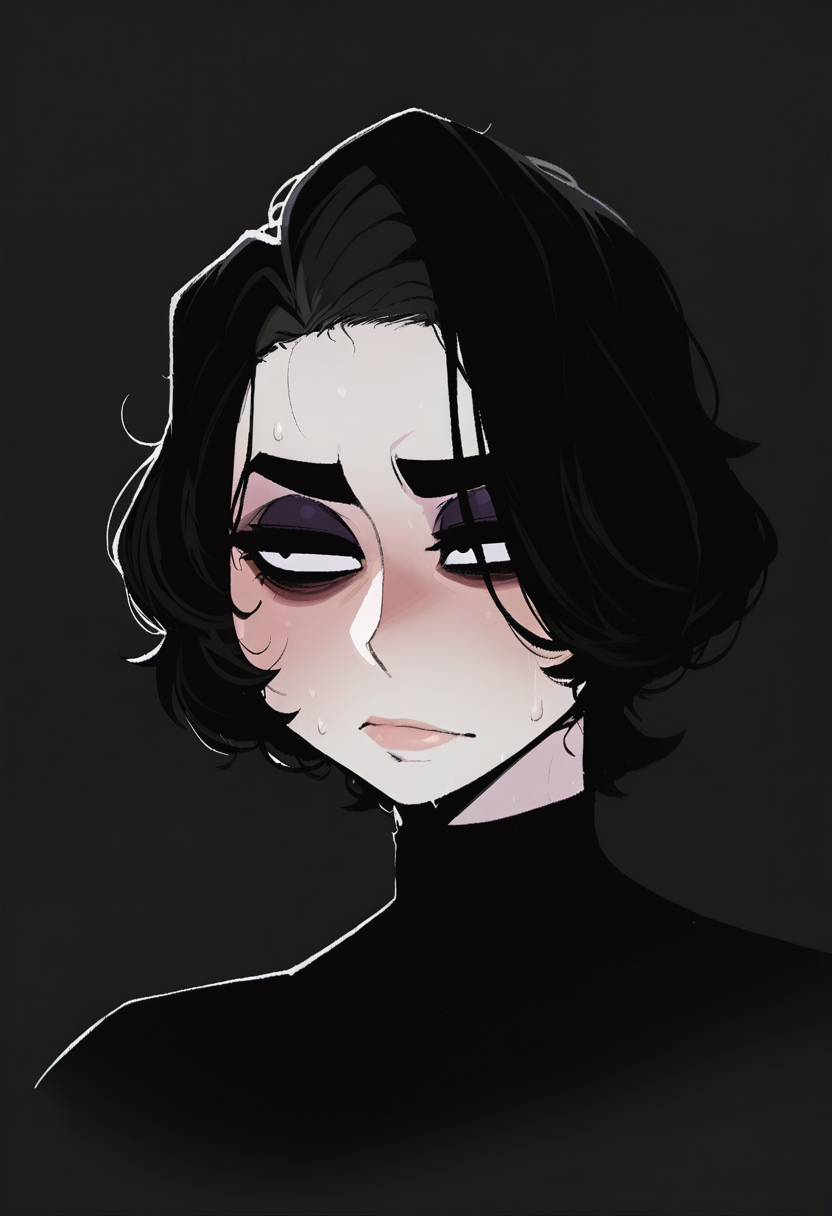 krekkov, (nyantcha:0.5), masterpiece, best quality, high quality, portrait, doomer girl, (pale skin), black hair, black background, only face visible