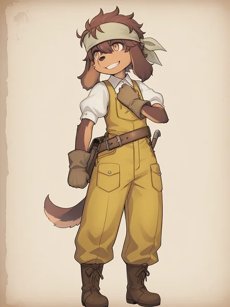 BREAK, <lora:Jin_Macchiato:1>, jin macchiato, fuga: melodies of steel, kemono, furry male, young male, 1boy, dog boy, scar, scar on cheek, scar on right cheek, dark brown fur, light brown fur, multicolored fur, brown eyes, brown hair, hair between eyes, sidelocks, dog ears, long ears, floppy ears, long snout,
BREAK, 2 Outfit, brown boots, yellow overalls, wide leather belt, toolbelt, tools, white button-up shirt, short sleeves, puffy sleeves, gloves, bandana,
BREAK, solo, full body, looking away, standing, smile, head tilt, hand up, fist on chest, teeth,