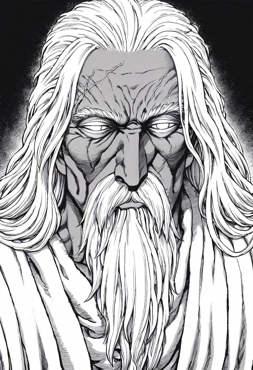 masterpiece, best quality, newest, absurdres, highres, EMPILV1.0, manga, monochrome, greyscale, 
1boy, dark skin, dark skinned male, white hair, long beard, long hair, monk, white robe, white eyes, blind eyes, wrinkles, wrinkled face, wrinkled, wrikly, old, mature, old man
