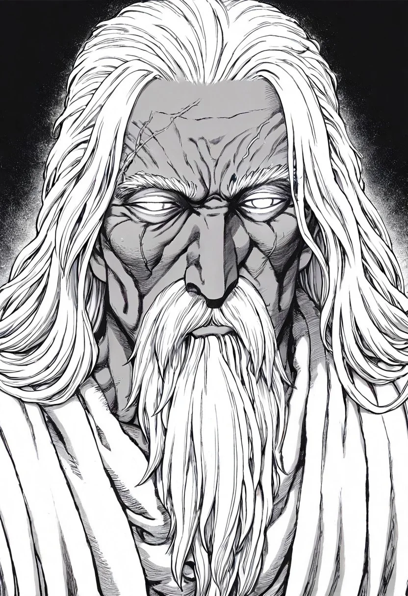 masterpiece, best quality, newest, absurdres, highres, EMPILV1.0, manga, monochrome, greyscale,
1boy, dark skin, dark skinned male, white hair, long beard, long hair, monk, white robe, white eyes, blind eyes, wrinkles, wrinkled face, wrinkled, wrikly, old, mature, old man