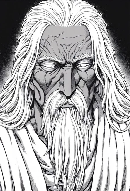 masterpiece, best quality, newest, absurdres, highres, EMPILV1.0, manga, monochrome, greyscale,
1boy, dark skin, dark skinned male, white hair, long beard, long hair, monk, white robe, white eyes, blind eyes, wrinkles, wrinkled face, wrinkled, wrikly, old, mature, old man