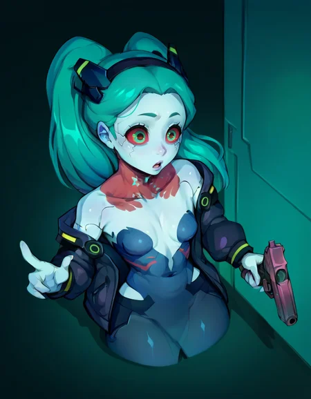 score_9, score_8_up, score_7_up, score_6_up, score_5_up, score_4_up, BREAK , <lora:Venusflower_Artist_Style_ponyXL-000020:1> solo, 1girl, surprised,expressionless,open_mouth, :o, rebecca_(cyberpunk),(colored_skin:1.2), pale_skin, blue_skin, tattoo, colored_sclera, artificial eye, single_bare_shoulder, white_shirt, long_shirt,small_breasts, opening_door, holding_gun, from_above