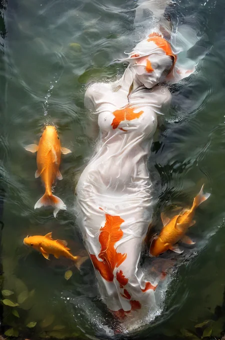 in semi-transparent translucent white-orange koi-carp pulling,  detailed background, <lora:- SDXL - vanta-black_contrast_V3.0:0.2>,   <lora:- SDXL - covered_in_stuff_V1.0:1>