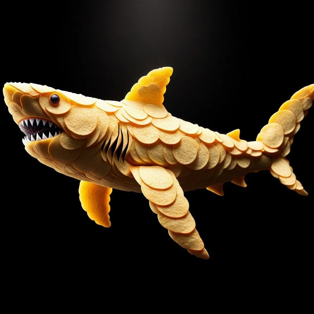 A photorealistic image of a scaly shark made out of potato chips, intricate details, dramatic composition, tension, contrast, texture, realism, high quality, stunning art, volumetric lighting, detailed, intricate, simple black background,