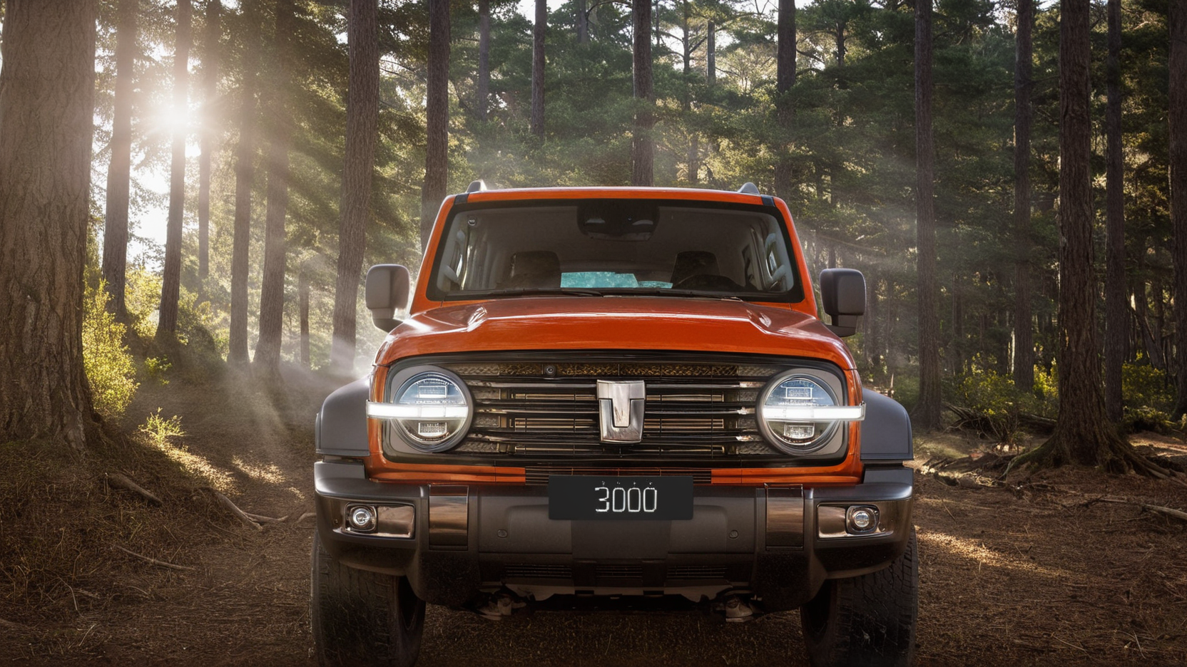a gwm txxx parked in the middle of forest, sun light across the leaves, Tyndall effect,  beautiful, hd, 8k, (photographic:1.5), magnificent, grandiose, mac os wallpaper  <lora:GWMTank300_V2.0:1>